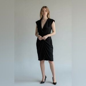 Luisa Cerano Ruched Black Short Sleeve Cocktail Midi Dress